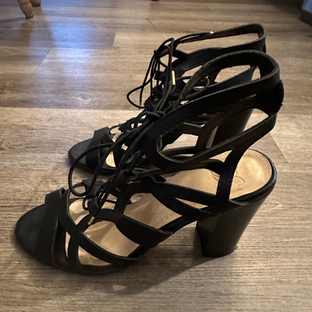 3 1/2” black lace up heels, size 9, brand noted in pictures